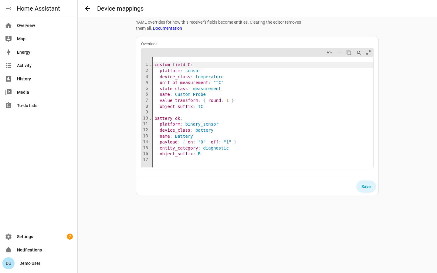 Device mappings step showing the YAML editor pre-filled with an example mapping
