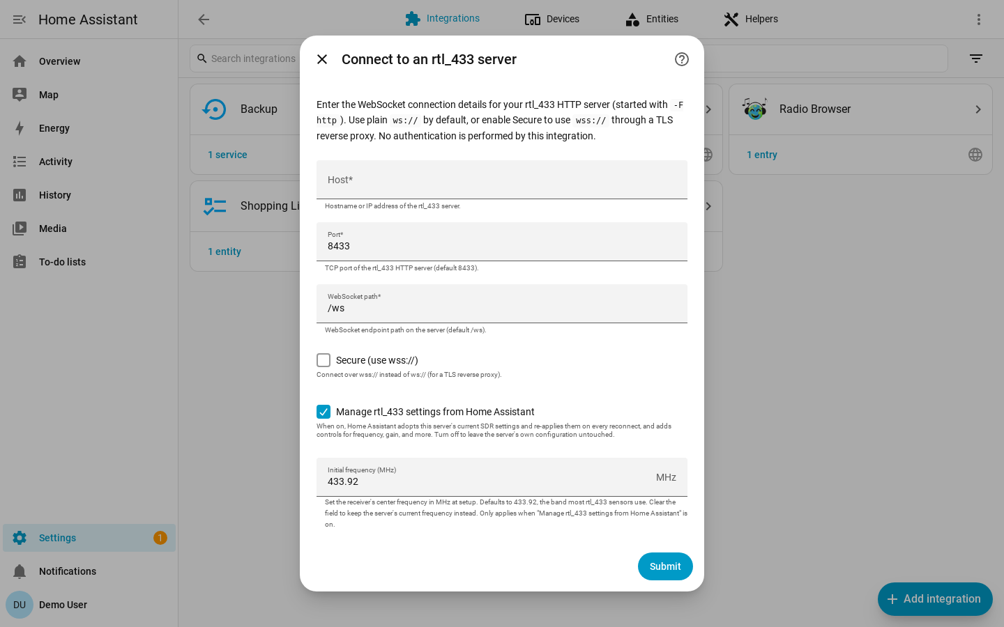 The rtl_433 config flow form: host, port, WebSocket path, secure toggle, managed-settings toggle, and initial frequency
