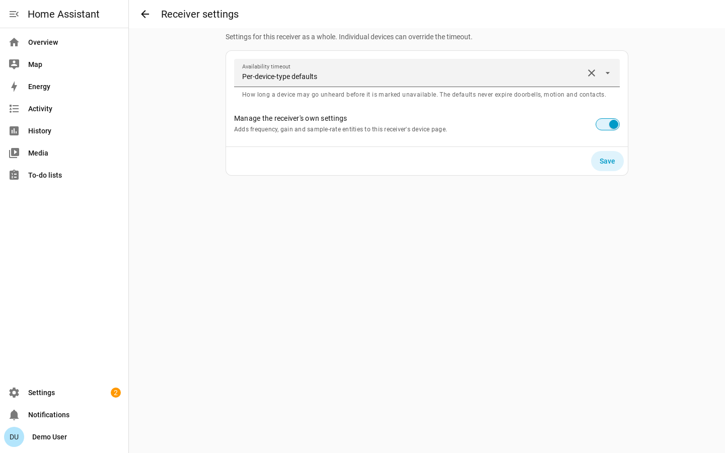 The Receiver settings page, with the availability-timeout choice set to the per-device-type defaults and the managed-settings toggle below it