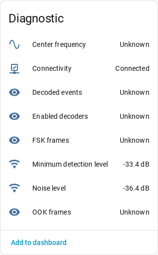 The receiver device's Diagnostic card: Noise level -36.4 dB and Minimum detection level -33.4 dB alongside Connectivity Connected, with the sensors fetched over /cmd reading Unknown